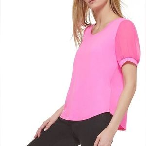 DYNK NWT Mixed Media Puff Sheer Sleeve Top in Power Pink XL